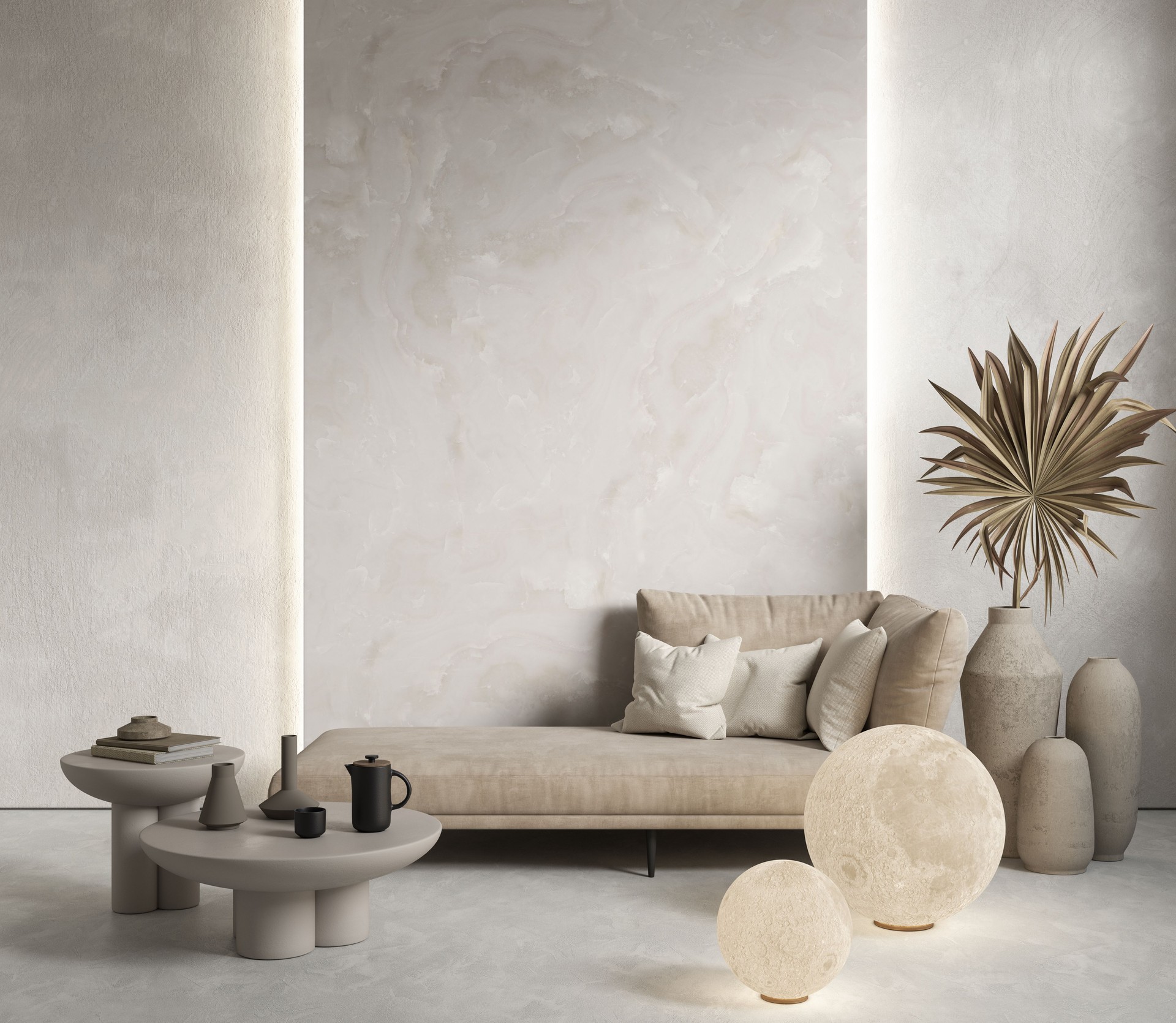 Interior with sofa, stone wall panel, backlight, moon lamp and decor. 3d render illustration mockup.